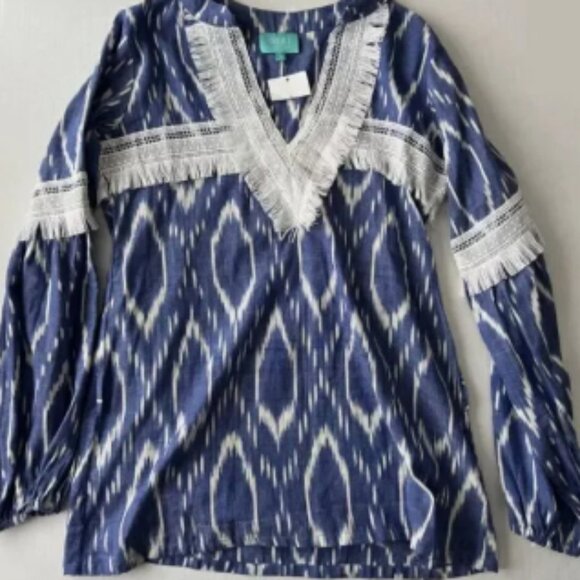 TAJ by Sabrina Top Women’s S Fringed Cotton V-neck Tunic Boho Beach Blue Ikat - Picture 1 of 6